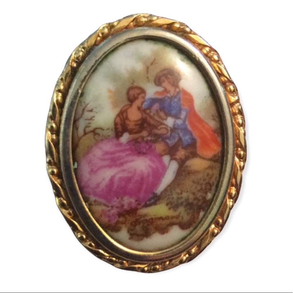 Vintage Limoges ceramic cameo brooch 1.3” Fragonard gold finish